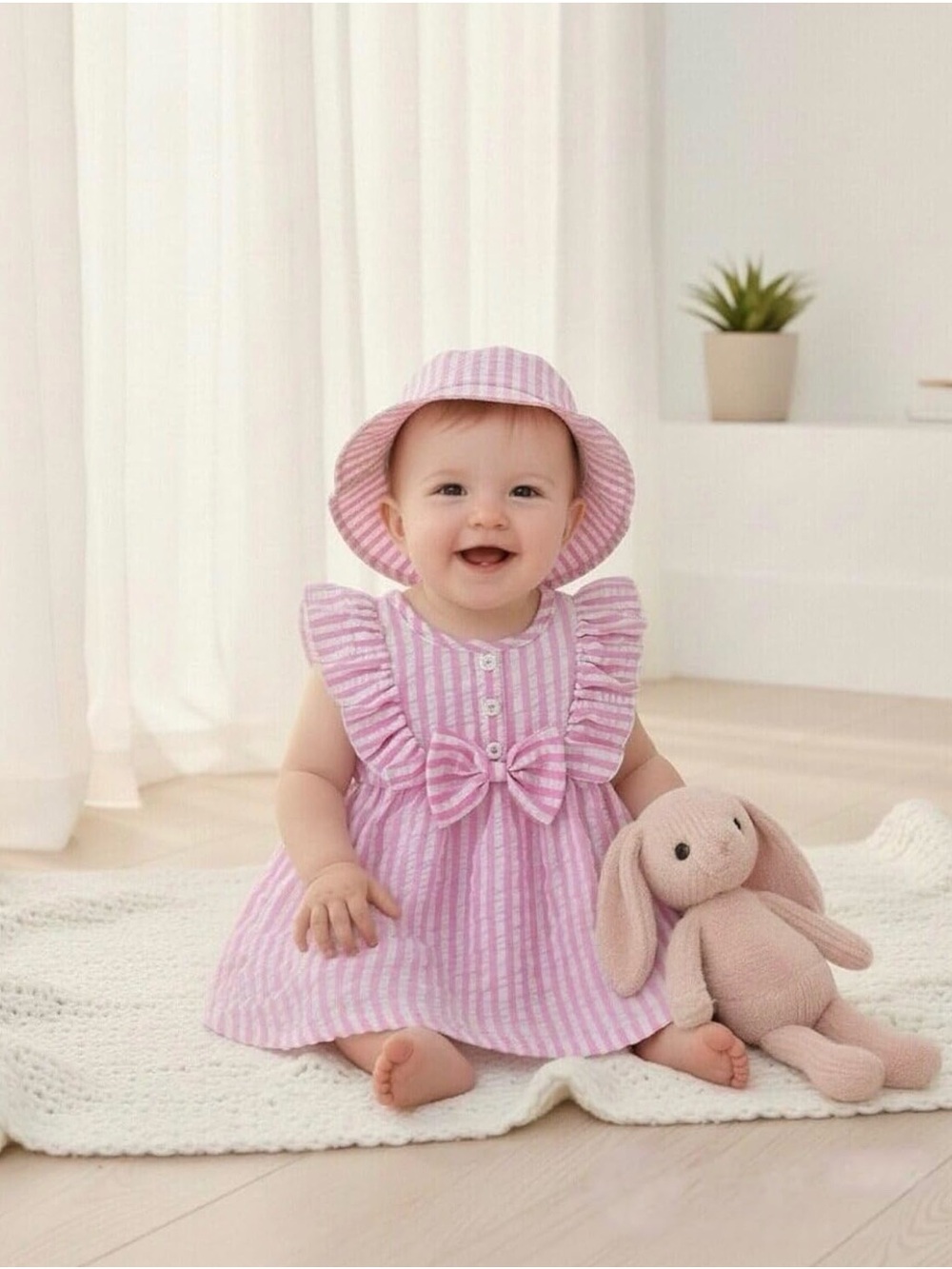 💖 NIB- Pink Seersucker Striped Dress, Bloomer & Hat Set With Bow Detail- 6-12M